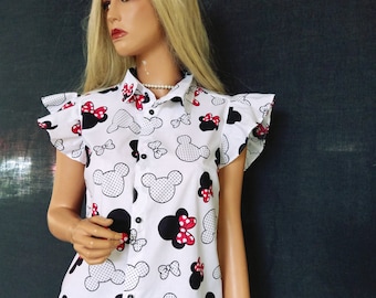 Amanda Girl/women shirt, mouse print girl sleeveless shirt, ruffled sleeve girl mouse ears inspired shirt