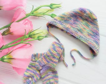 Baby knitted woollen colorfull rainbow socks and hat,newborn girl woollen socks hand knitted socks and hat, baby gift woollen,