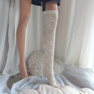 FLORAL Design White Lace Stretch Thigh High Stockings Wedding