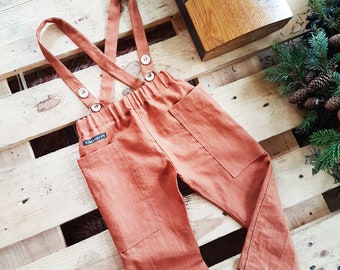 Linen Terracotta/rustic/grey/beige straps pants,linen rust cargo suspenders pants,birthday linen boy patch pockets pants,Leinen braun hose