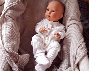 Volver a casa Muslin triple gasa footed romper,Neutral blanco Muslin manga larga footed romper,Musselin overall für Neugeborene