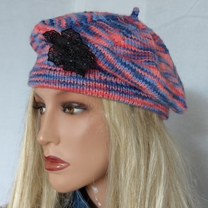 Colorful unusual beret hat, rainbow knitted beret, women elegant beret, colorful black lace sequin flower beret hat
