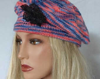 Colorful unusual beret hat, rainbow knitted beret, women elegant beret, colorful black lace sequin flower beret hat