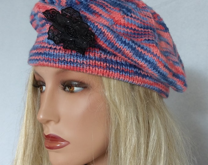 Colorful unusual beret hat, rainbow knitted beret, women elegant beret, colorful black lace sequin flower beret hat