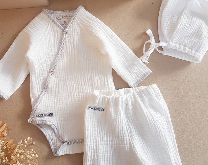 3pcs Colors#Coming home neutral Muslin gauze baby set,long sleeve wrap muslin bodysuit,muslin footed newborn pants,Musselin für Neugeborene