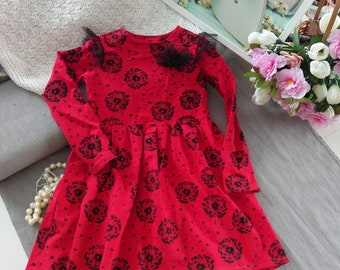 Dandelion red Sweat girl dress, long sleeve red girl dress, dandelion dress, Rotes Kinderkleid in Löwenzahn