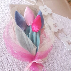 Elegant 5 pcs.tulip bouquet,Original gift, Mother day gift, Valentines day gift for her,linen tulip,satin tulip, tulle tulip bouquet,for her