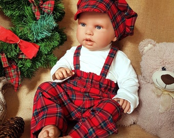 Vintage Scottish Red tartan check unisex suspender pants, checkered red Christmas pants, unisex Red Scottish check pants/hat
