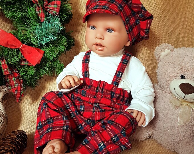 Vintage Scottish Red tartan check unisex suspender pants, checkered red Christmas pants, unisex Red Scottish check pants/hat