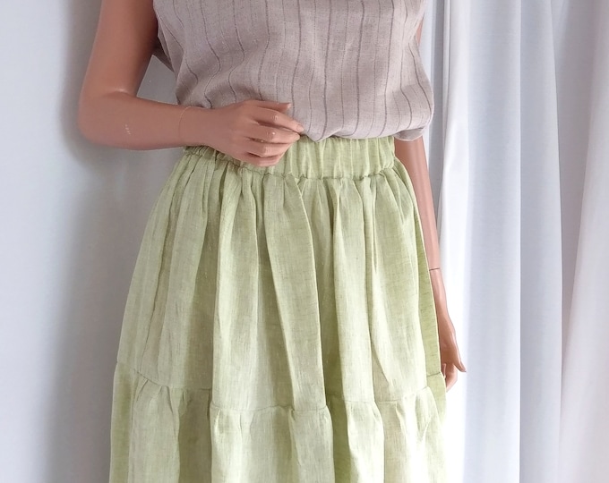 Fresh lime melange soft pure linen maxi skirt, long light green woman skirt, Elegant linen skirt maxi