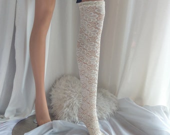 Elegant High embroidered lace socks, golden lace knee socks, thick exquisite lace golden and cream guipure knee socks, wedding stockings