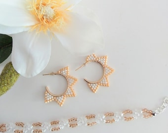 Half hoop Sunny earrings beads embroidered and bracelet Floral pattern set,white golden bracelet,Gift for sister/friend beads accessories