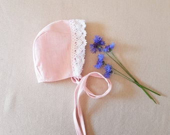 Pink linen princess bonnet, linen cotton lace bonnet, newborn pink linen bonnet, lace trim bonnet