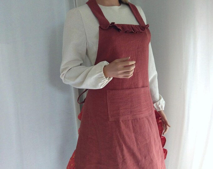 Eco natural terracotta linen rustic apron,linen long apron muslin gauze lemon apron,gift for her apron linen Boho retro vintage