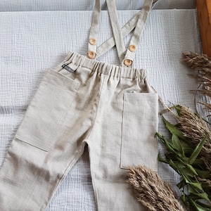 Rustic linen cargo Boy pants,linen sand/beige/green/white patch pockets suspenders pants, linen suspenders pants