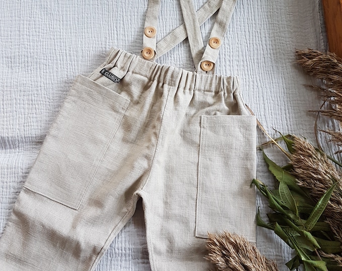 Rustic linen cargo Boy pants,linen sand/beige/green/white patch pockets suspenders pants, linen suspenders pants