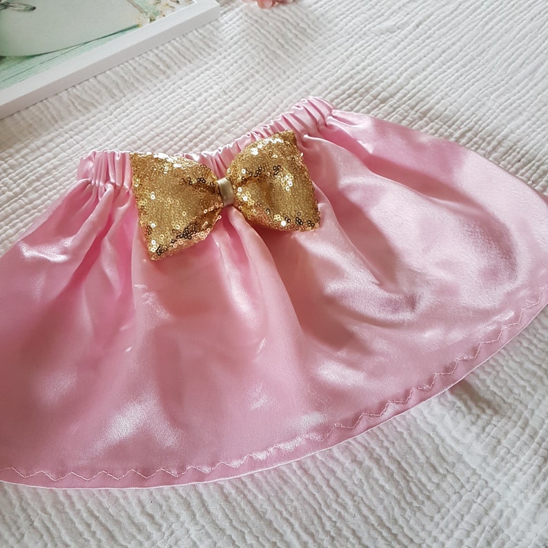 Mamá y yo falda rosa satinada, falda de lazo de lentejuelas doradas, falda de niña rosa satén, rosa satinada Rock für Mädchen imagen 1