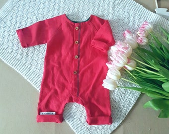 Unisex Red Linen baby romper, newborn red linen sleepsuit, Newborn/baby Christmas outfit, Red Linen romper with embroidery