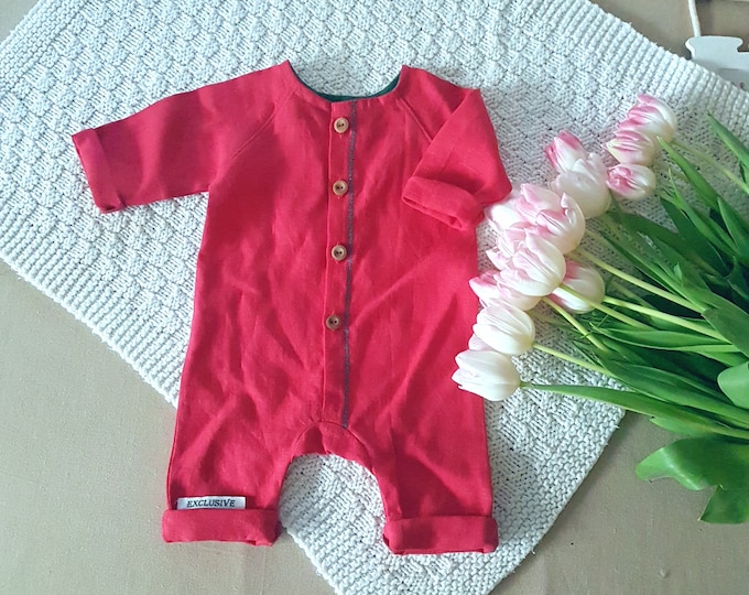 Unisex Red Linen baby romper, newborn red linen sleepsuit, Newborn/baby Christmas outfit, Red Linen romper with embroidery