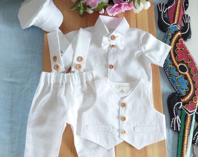 4 pcs.blue/white suit,Christening baby linen outfit,linen blue suspenders pants,linen baptism outfit,birthday wedding linen suit
