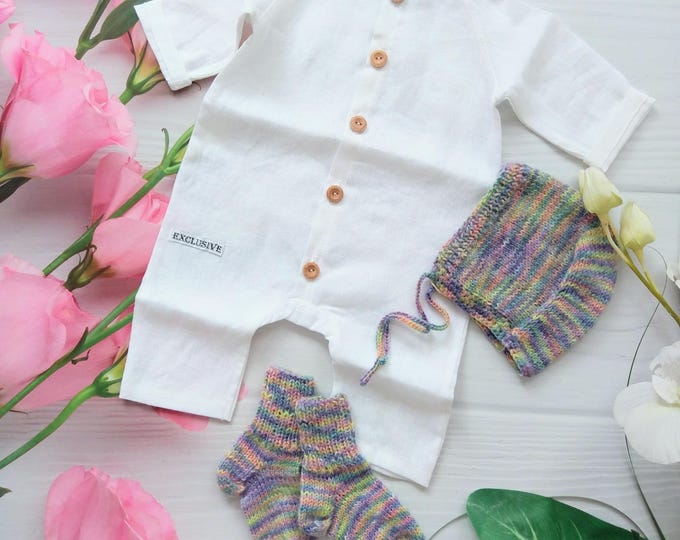 3pcs newborn baby girl clothes set, pure linen newborn baby girl romper, knitted woollen socks and hat