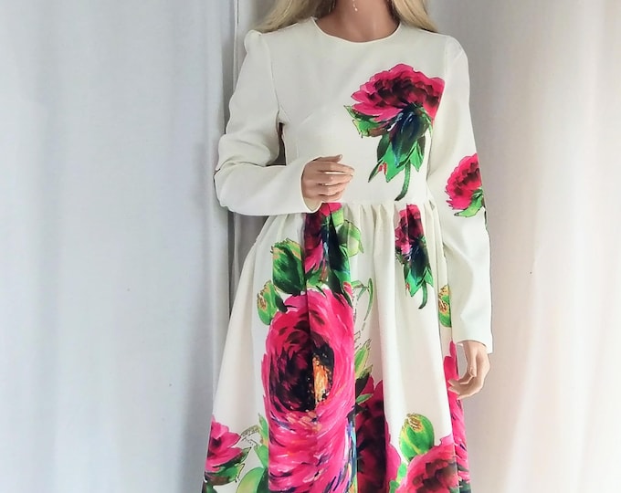 Solid ivory floral woman dress, elegant dress with long sleeves and roses,event/birthday/wedding quest dress Elegantes Blumenkleid für Damen