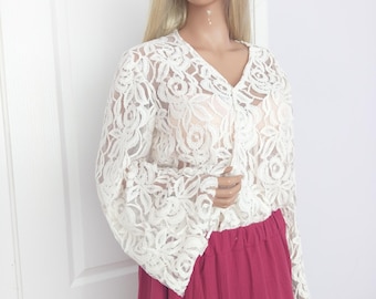 Ivory lace guipure woman wrap envelope leotard, elegant ivory lace leotard, see throw guipure leotard, bell sleeve loose guipure ivory body