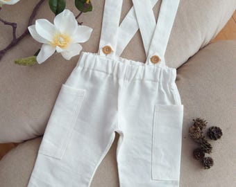 Rustic linen cargo Boy pants,linen sand/beige/green/white patch pockets suspenders pants, linen suspenders pants