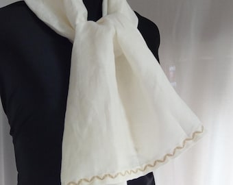 Linen ecru soft scarf, leaves embroidered linen natural big scarf, damen leinen scharf,