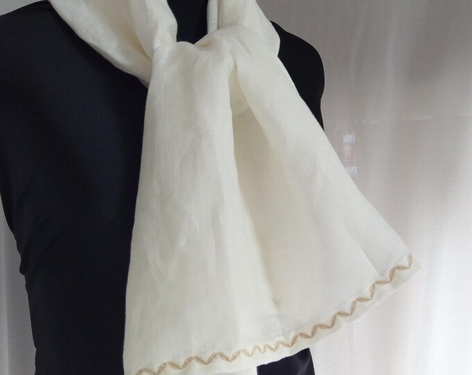 Linen ecru soft scarf, leaves embroidered linen natural big scarf, damen leinen scharf,