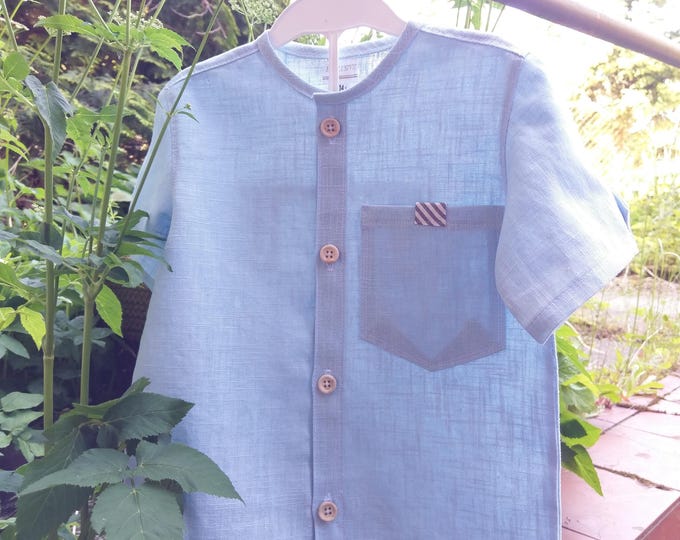 Leinen blue men/boy shirt, short sleeve linen boy shirt, wooden buttons sky blue linen boy shirt