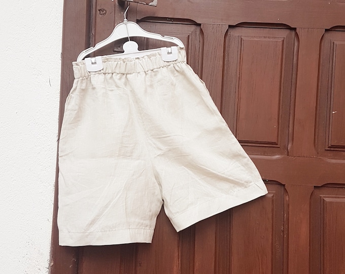 Beige woman loose Linen shorts, Linen shorts with pockets,white woman Minimal linen bermudas,Summer woman beige linen bermudas. ,