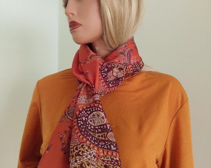 Extra soft Satin terracotta retro vintage woman scarf, satin terracotta shawl, big satin shiny golden terracotta shawl