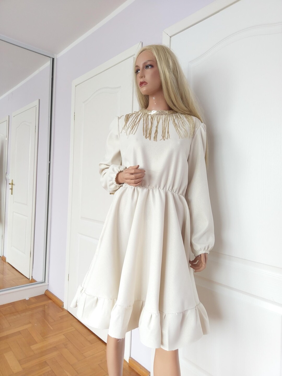 Golden Ruffle Beige Golden Ruffled Dress With Golden Shiny Tassels, Long Sleeves ...