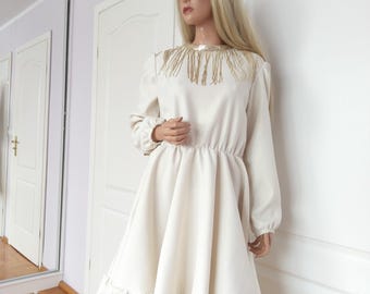 Beige Golden ruffled dress with golden shiny tassels, Long sleeves golden lurex woman midi dress, Damen Kleid
