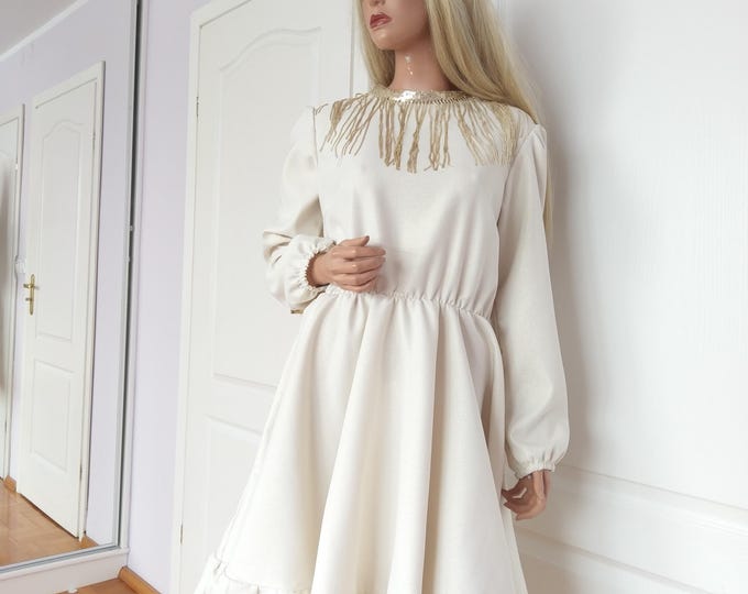 Beige Golden ruffled dress with golden shiny tassels, Long sleeves golden lurex woman midi dress, Damen Kleid