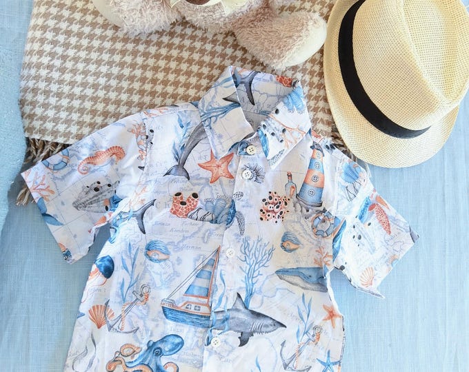 Boy marine buttoned shirt,organic cotton boy shark outfit, shark boy,dolphin/octopus/ship/anchor/marine fauna/algae/shells/sea live shirt