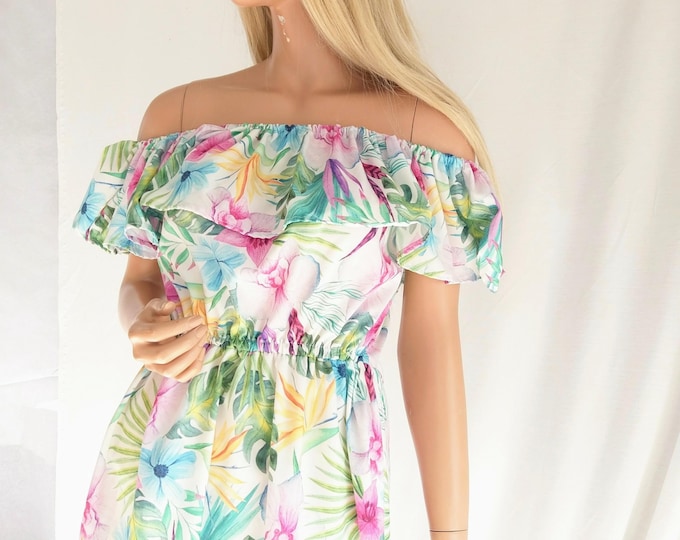 Tropical flowers off shoulder soft silky dress, off shoulders summer floral dress,light dress summer monstera tropical women dress