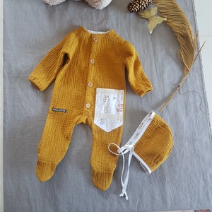 Coming home Muslin double gauze footed romper,Neutral  Muslin long sleeve footed romper,Musselin mustard onesie overall für Neugeborene