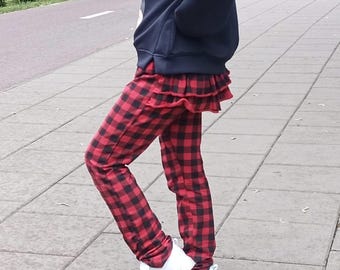 Red tartan check leggings pants with rumba style ruffles, ruffled red buffalo check jeggings, girl checked pants