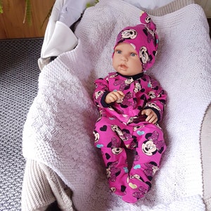 Newborn girl coming home outfit,newborn mouse ears gown footed romper,mouse knotted hat,Kit für Neugeborene