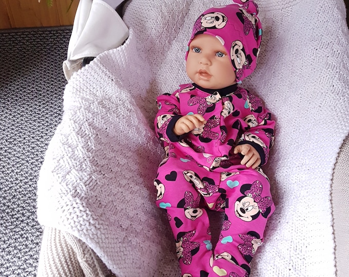 Newborn girl coming home outfit,newborn mouse ears gown footed romper,mouse knotted hat,Kit für Neugeborene