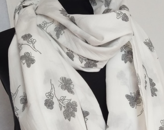Soft cotton big white black floral butterfly shawl,organic cotton big white scarf,Woman elegant big shawl butterfly
