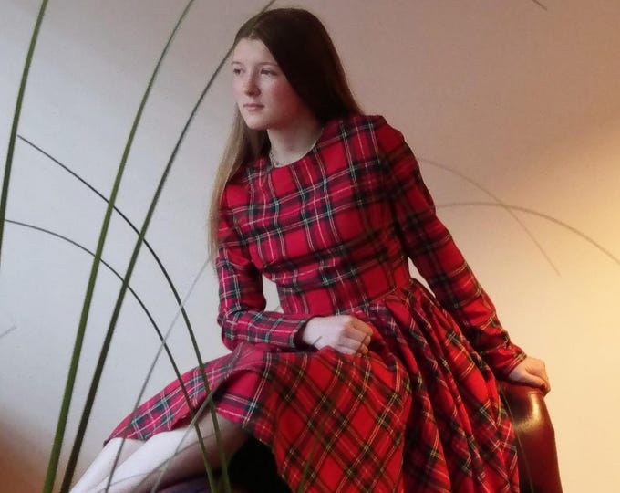 Colors#Elegant classic red tartan check dress,woman tartan dress red/royal blue/beige check dress,Christmas dress, woman checked plaid dress