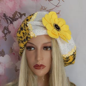Only one#Knitted Colorful sunflower unique beret hat,yellow black floral slouchy beret, women slouchy beanie beret golden sequin flower