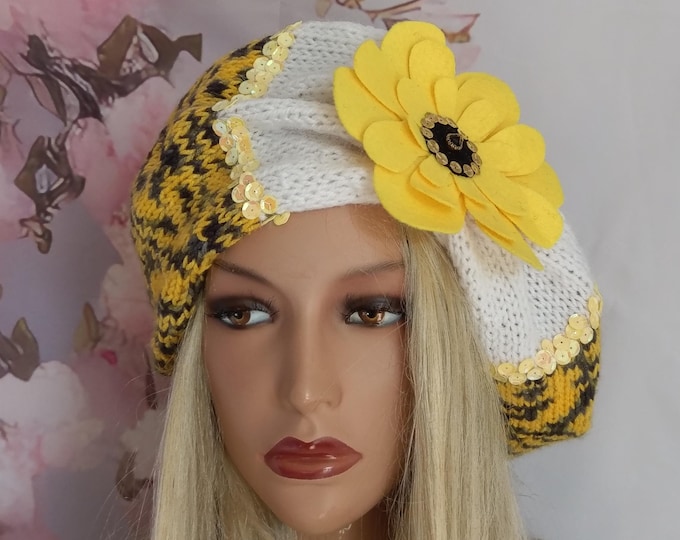 Only one#Knitted Colorful sunflower unique beret hat,yellow black floral slouchy beret, women slouchy beanie beret golden sequin flower