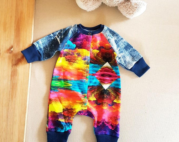Baby multicolor sunshine romper,magical colourful rainbow jeans babies romper,unisex cosmos baby Strampler onesie,Neugeborene unisex overall