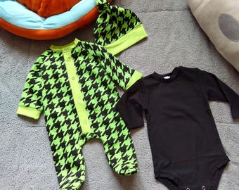 Ready, 3pcs. Newborn coming home outfit, houndstooth green black newborn baby outfit, unisex newborn green houndstooth shower gift