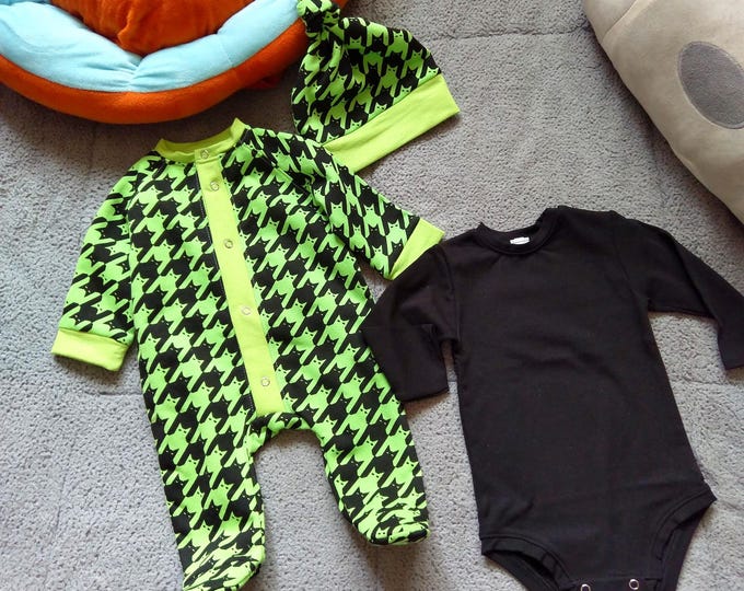 Ready, 3pcs. Newborn coming home outfit, houndstooth green black newborn baby outfit, unisex newborn green houndstooth shower gift