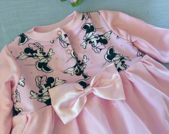 Coming home 3 pcs. pink mouse newborn baby girl outfit, pink newborn Mouse dress, pink footed newborn girl pants,newborn outfit